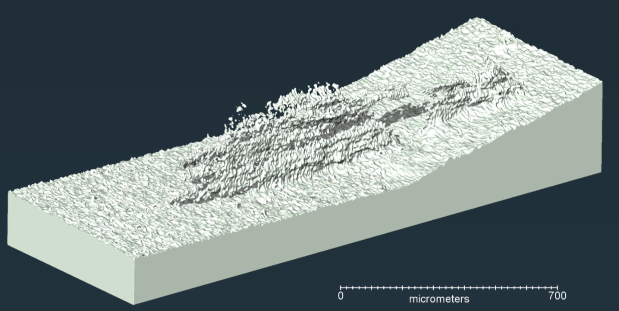 Figure 2. A high resolution inverted sub-surface image at Bellatrix. (The feature is rendered positive, in that the steel is transparent and the surfaces are rendered solid). This image shows the intricate corrosion ramifications within the sub-surface that cannot be seen on the surface image.